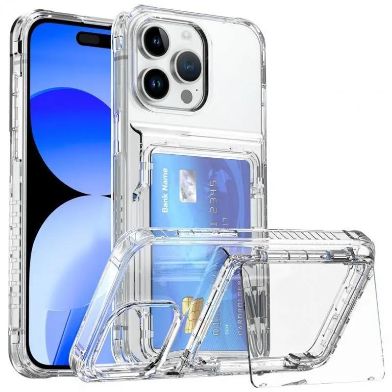 Clear Wallet Style Phone Case for iPhone 17/16/15/14/13/12/11 Pro Max Plus Air, Transparent PC+TPU Cover with Card Holder & Curved Glossy Buttons