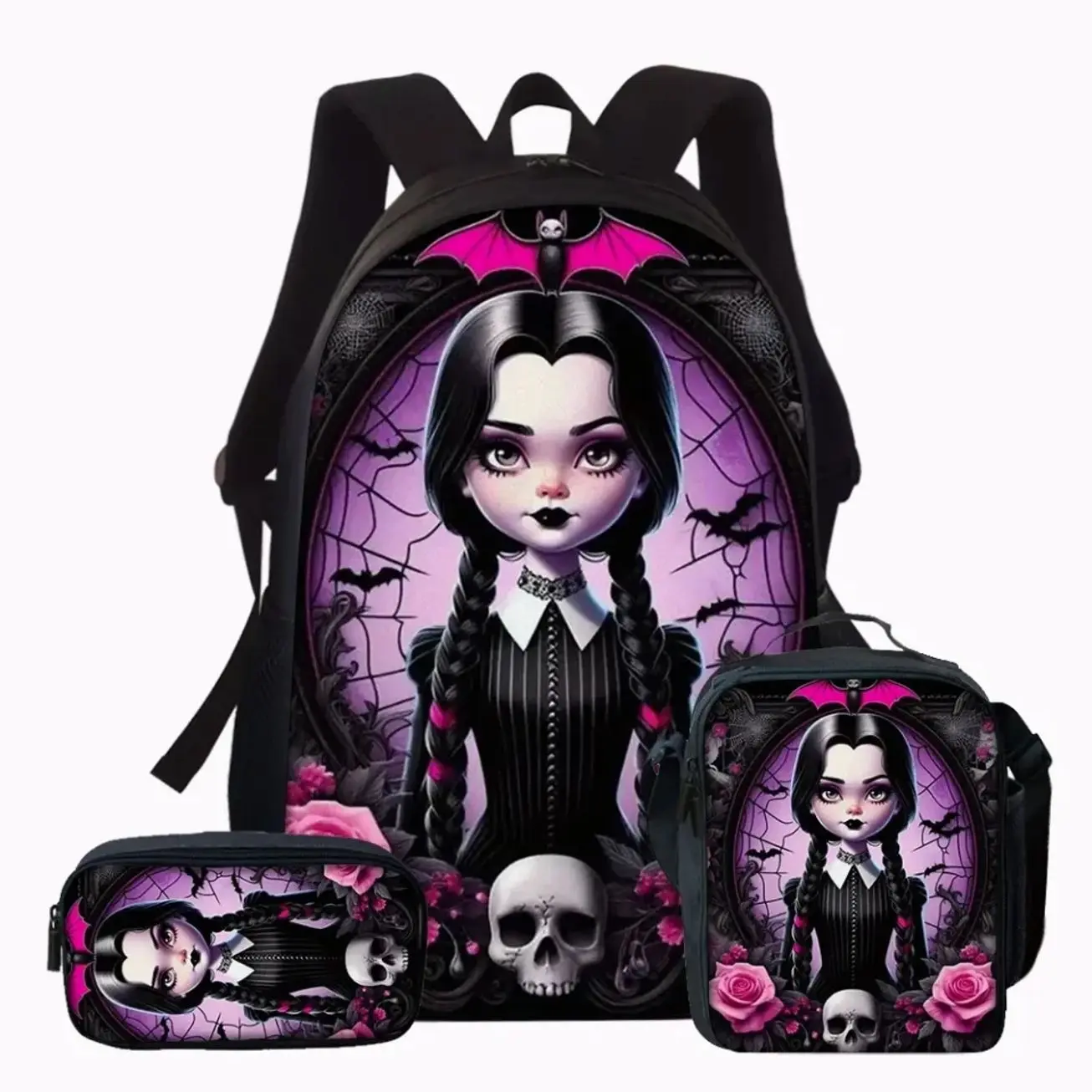 Cool Gothic Skull Girl Student Backpack Set | 3Pcs Roomy Casual Backpack Matching Tote Bag & Clutch | Daily Commute Travel Gift for Her