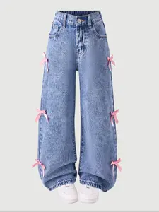 Teen Girls Spring Summer New Snowflake Wash Fashion Bow Decoration Wide Leg Light Wash Jeans, Cute Loose-Fitting Denim Jeans, All Seasons, Loose Jeans Trousers