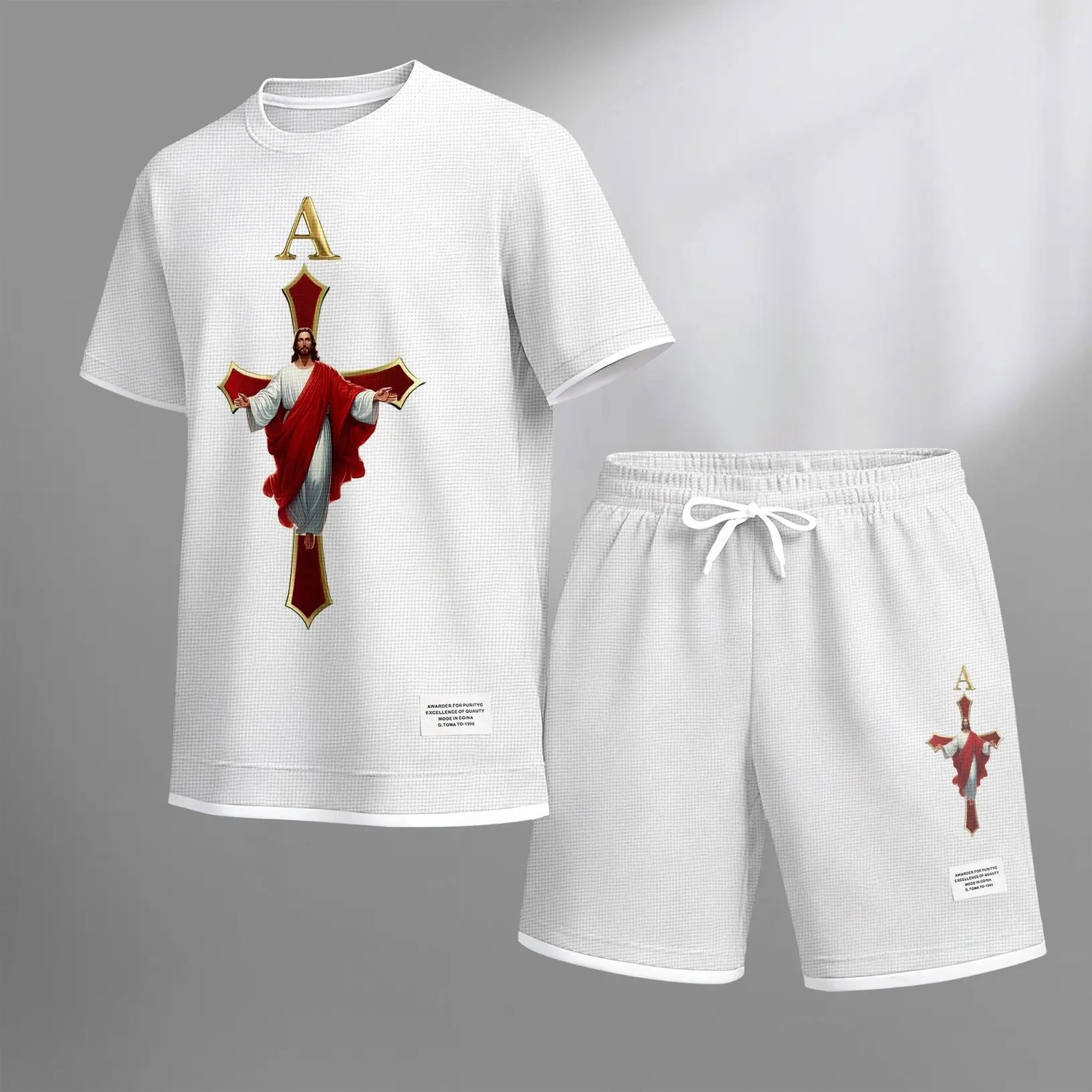 Men's Jesue print drawstring shorts set for spring/summer, a casual summer outfit including a short-sleeved shirt and shorts, suitable for everyday wear and sports. A two-piece set for a relaxed and energetic lifestyle.