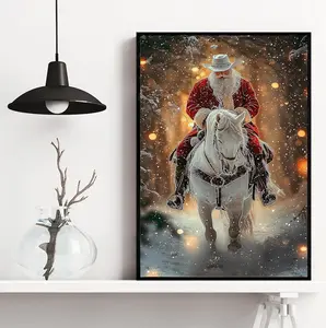 Christmas Cowboy Poster Painting, Santa Claus Riding Horse Wall Art Decor, Xmas Poster Gift For Cowboy Lovers