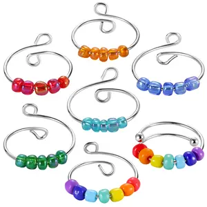 OIDEA 7pcs Colorful Spinner Anxiety Rings for Girls, Adjustable Open Bead Fidget Ring Set Sizes 5-10