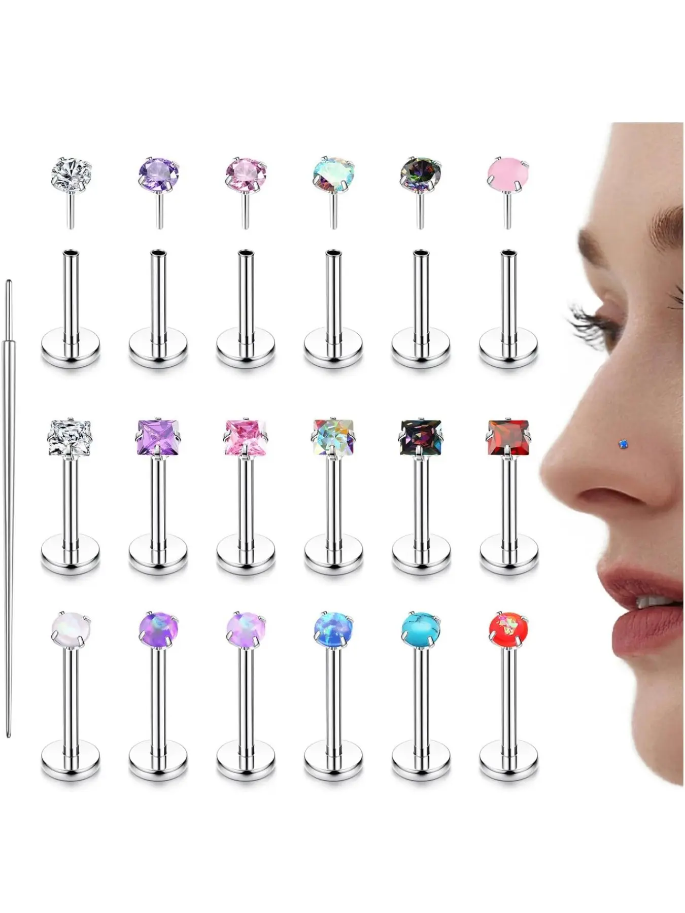 18 Pcs Silvery Threadless Nose Rings Studs for Women Men Hypoallergenic ...