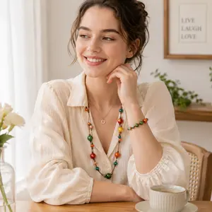 Boho Adjustable Ceramic Bead Necklace for Women – Handmade Colorful Long Necklace, Lightweight Fashion Jewelry Accessory, Casual Outfit Matching Gift for Women