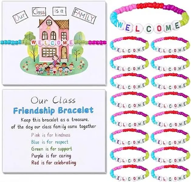 Back to School Gifts for Students, Our Class Is a Family Greeting Card with WELCOME Letter Friendship Bracelets, First Day of School Classroom Bracelet Favors for Teacher to Give Kids