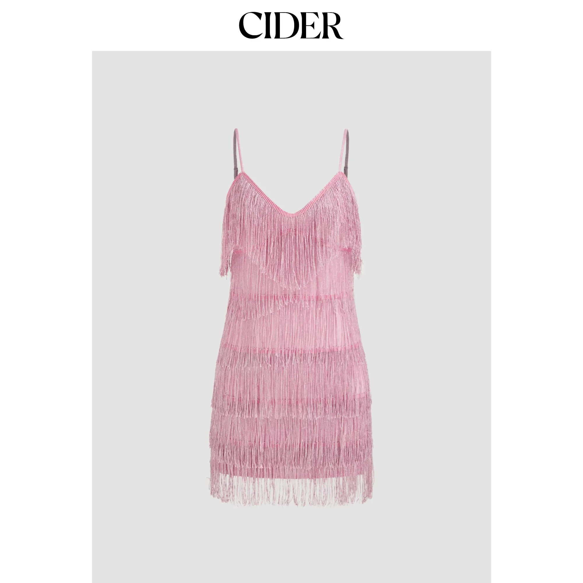 Cider [size 0-20] V-neck Solid Trim Backless Halter Mini Dress with Allover Sequin Design & Tiered Layer Tassel, Summer Dress for Beach Vacation, Birthday Dress, Party Dress, Graduation Dress