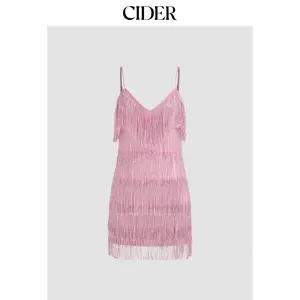 Cider [size 0-20] V-neck Solid Trim Backless Halter Mini Dress with Allover Sequin Design & Tiered Layer Tassel, Summer Dress for Beach Vacation, Birthday Dress, Party Dress, Graduation Dress