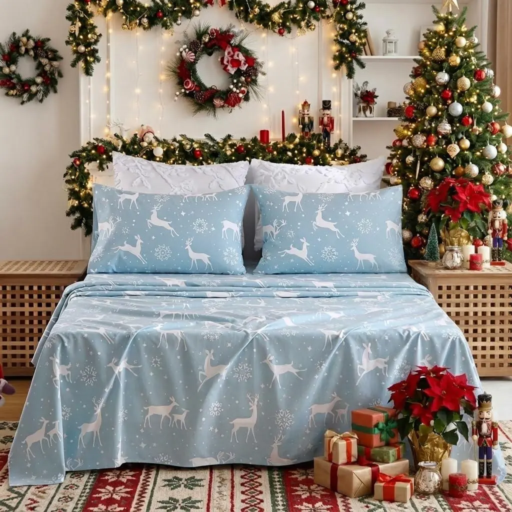 Garvee Christmas Sheets Queen, Soft Brushed Microfiber Bed Sheet Set | 16 Inches Deep Pocket Fitted Sheet Winter Holiday Sheets Set (Blue, Queen)
