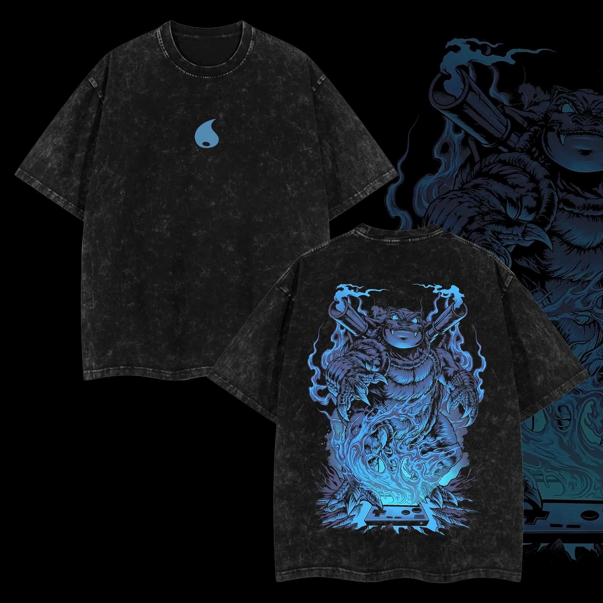 "Big Man Blastoise" Pokemon Retro Vintage Unisex Oversize Anime Manga Acid Washed Heavyweight Cotton T-shirt, Anime Merch, Gift For Anime Fan.