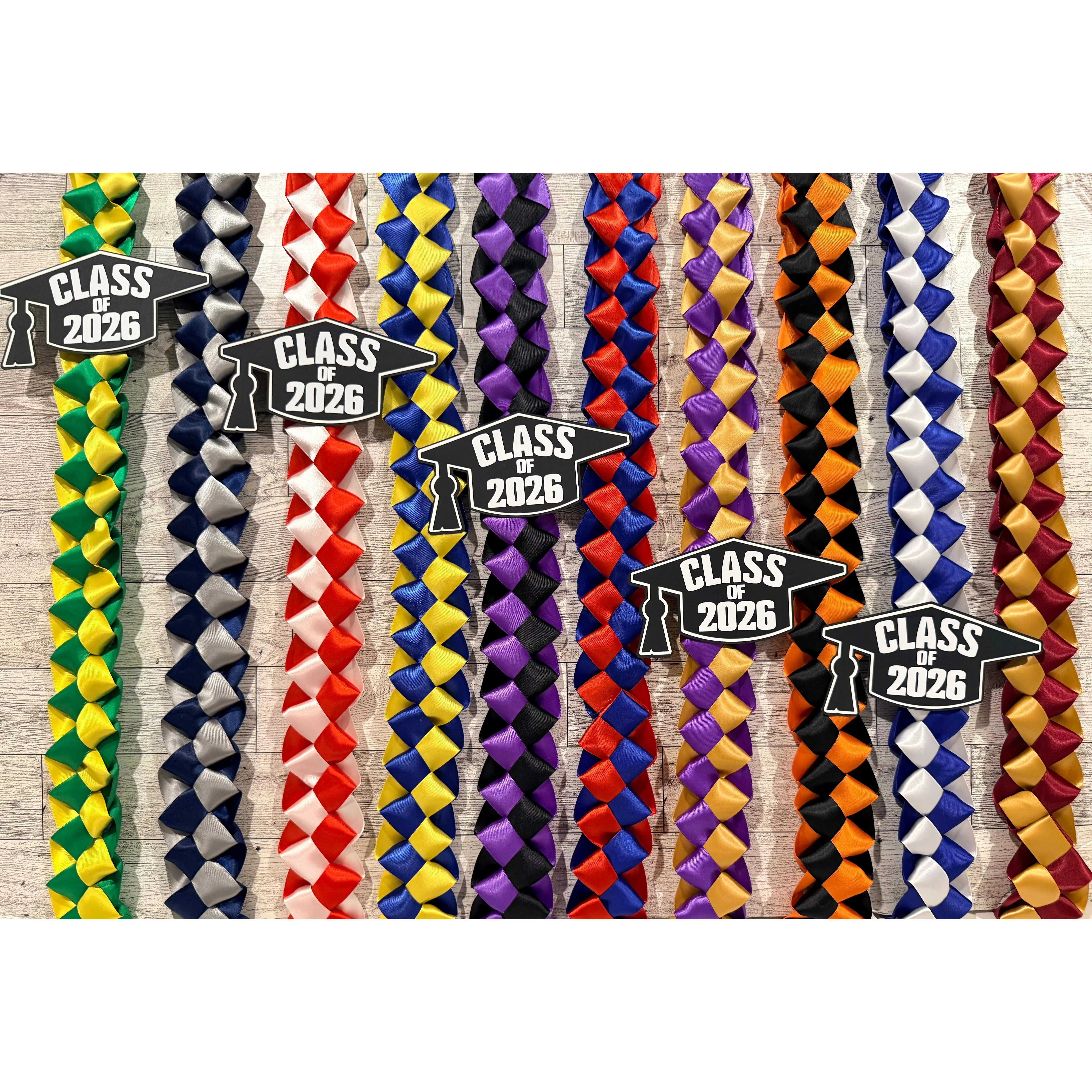 Graduation Lei | Handmade Graduation Lei with Class of 2026 Cap | Braided Satin Ribbon Keepsake | Custom 2 Color Combo | Ships Next Day |26 Inches length