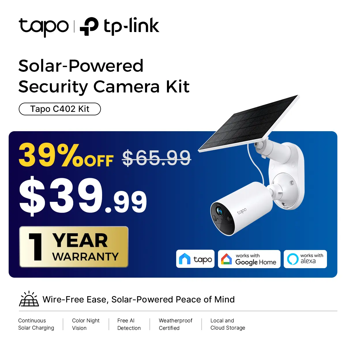 TP-Link & Tapo C402 Kit Solar-Powered Outdoor Security Camera,180-Day Battery OR Forever Solar!  | 1080P Color Night Vision | Free Person Detection | No Hub Needed | Alexa & Google Compatible