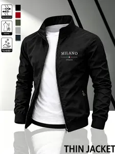Men's Versatile Stand Collar Jacket, Lightweight Milan Print, Casual Fitted Outerwear, Comfortable and Stylish for Fall & Winter