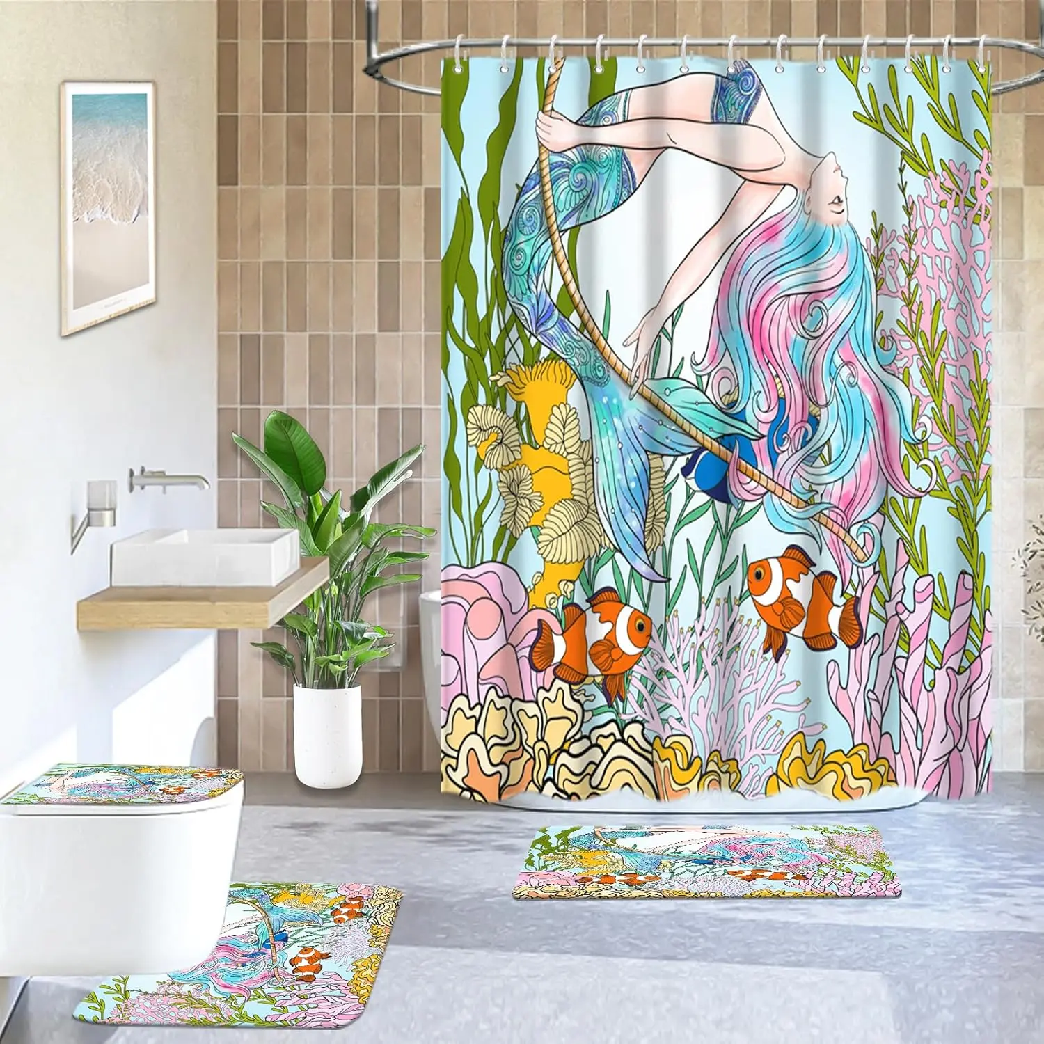 Mermaid Pattern Bathroom Decor Set, 4 Counts/set Including 1 Shower Curtain with 12 Hooks, 1 Toilet U-shape Mat, 1 Rectangular Mat, 1 Toilet Lid Cover