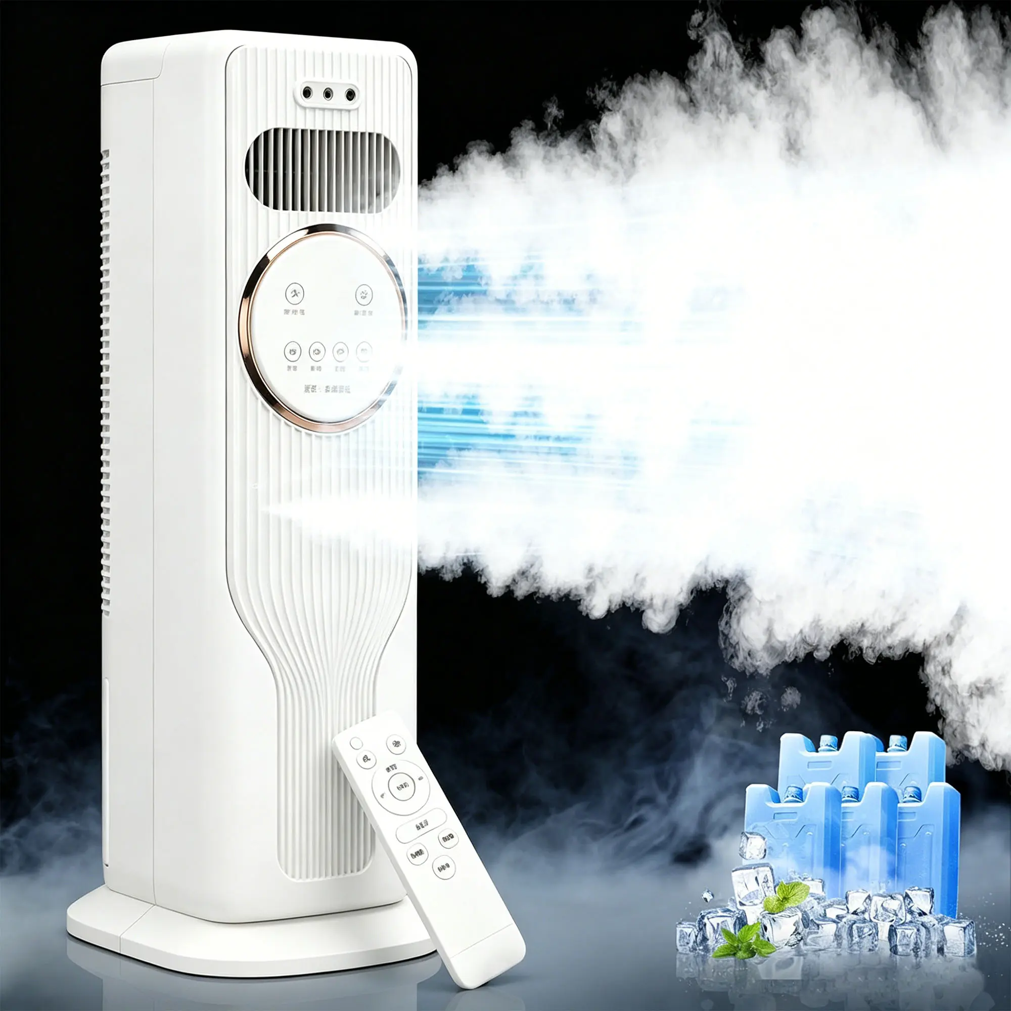 Super Strong Cooling Portable Evaporative Air Cooler Fan, 120 Degree Swing Tower Fan with Remote Control, 3 Speed Setting Ice Cooling Design, Low Noise Air Circulation Fan for Household Indoor Space