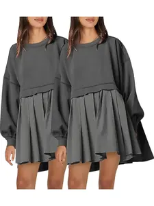 【Plus Size】 Solid Color 2 in 1 Smock Dress, Casual Basic Drop Shoulder Long Sleeve Fitted Short Dress for Fall & Winter, Women's Clothes for Daily Wear, Womenswear