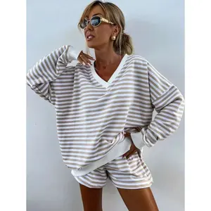Women’s striped long-sleeve top and shorts, loose printed color-block pajama set, casual loungewear outfit fabric nightwear