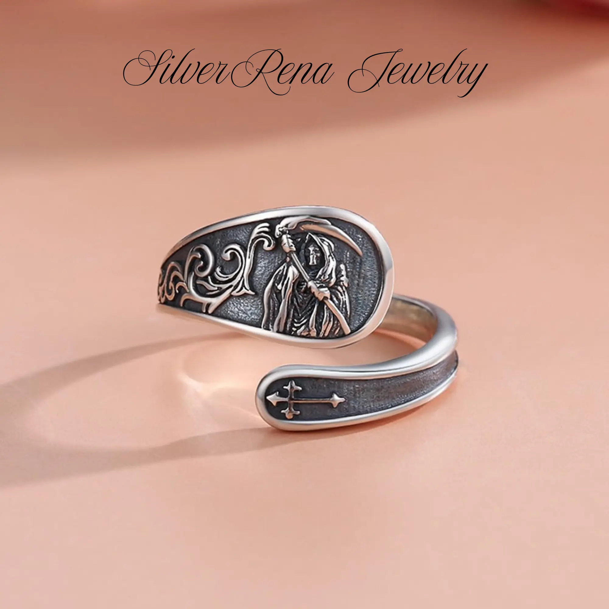 S925 Sterling Silver Santa Muerte Spoon Open Ring - Vintage Inspired Unique Gothic Grim Reaper Adjustable Skull Jewelry, Halloween Gift, Vintage Inspired Ring, Unique Rings