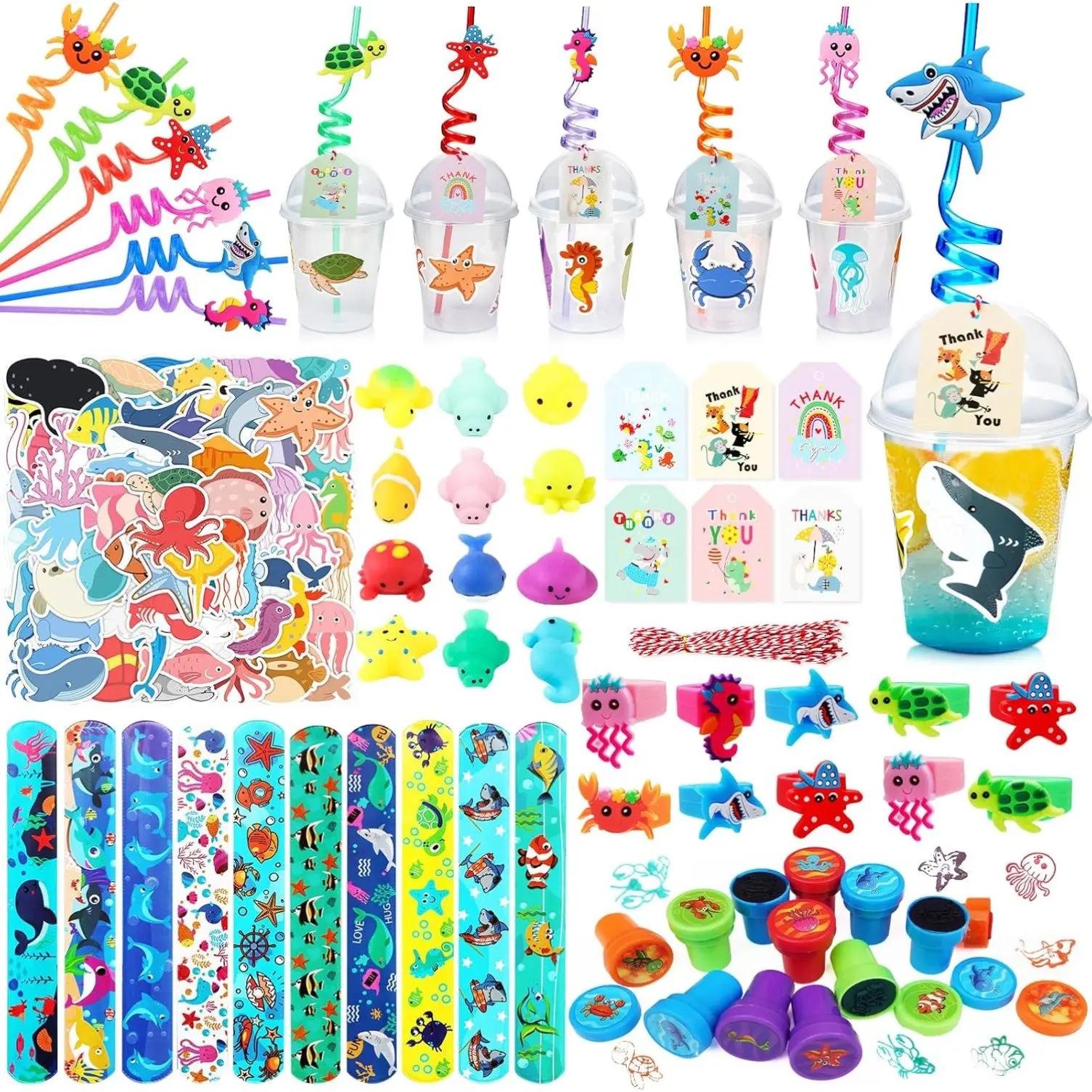 146 Pcs Under the Sea Party Favors Personalize Goody Cups with Gift Tags, Ocean Themed Party Supplies with Fidget Toys，Rings，Slap Bracelets，Stamper etc Sea Animals Birthday Favors Perfect