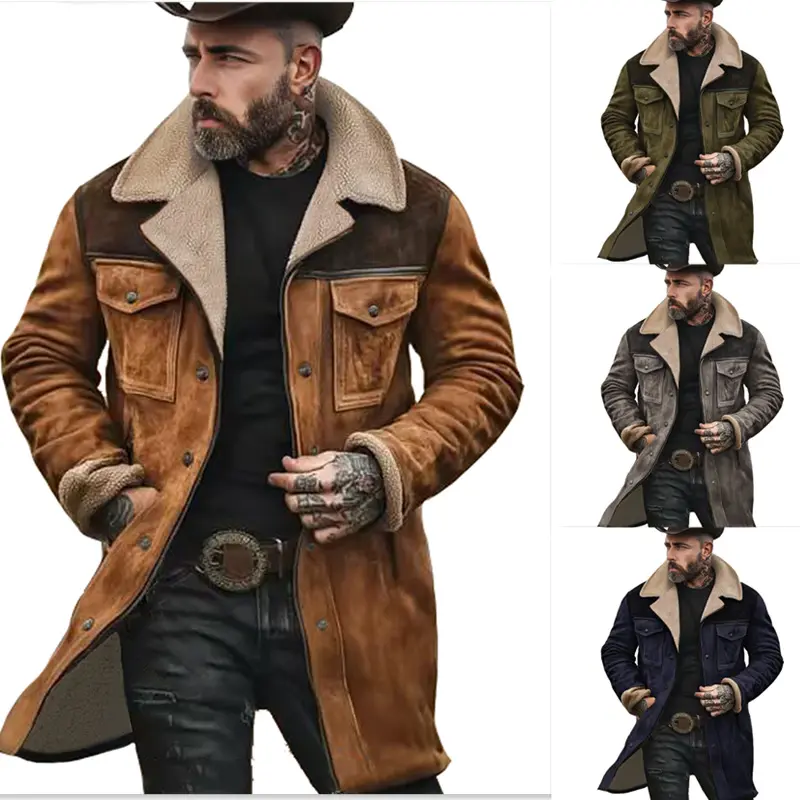 Men's Autumn and Winter Coat Vintage Style Color Block Jacket Multi Pocket Zipper Overcoat
