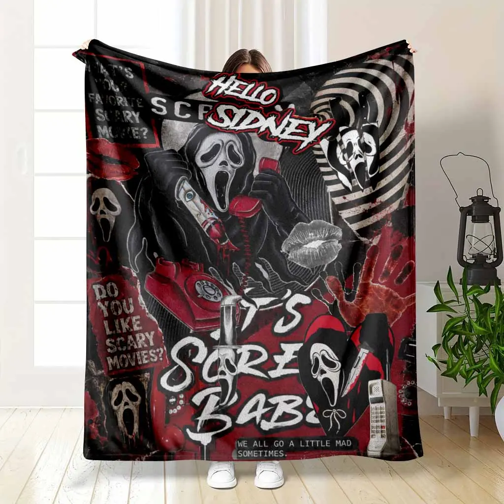 Dark Cinema Flannel Blanket Masked Caller Red Phone Lips Spiral Poster Print Soft Warm Lightweight Cozy Throw for Sofa Bed Halloween Party Dorm Movie Night Gift