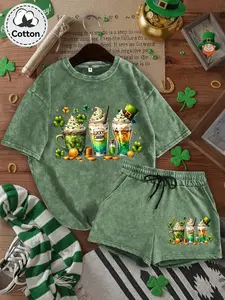Cotton Two-Piece Women's Lucky Clover Hat Lucky Charm Letter Print T-Shirt and Shorts Set, Saint Patrick's Day Casual Wear