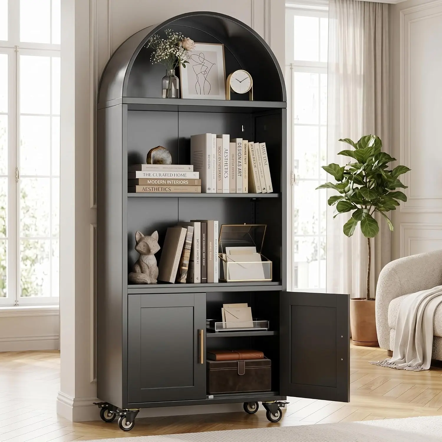 Black Metal Arched Bookcase with Lockable Wheels, Doors, Adjustable Shelves, Open Display Shelves, Lower Storage Cabinets, Display and Hide Storage, Includes Manual, Assembly Required (72.3 in)