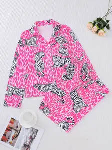 Women's Tiger Print Pajama Set, Fall & Winter Casual Sleepwear, Comfortable Long Sleeve Button-Up Top and Elastic Pants, Home & Outdoor Wear
