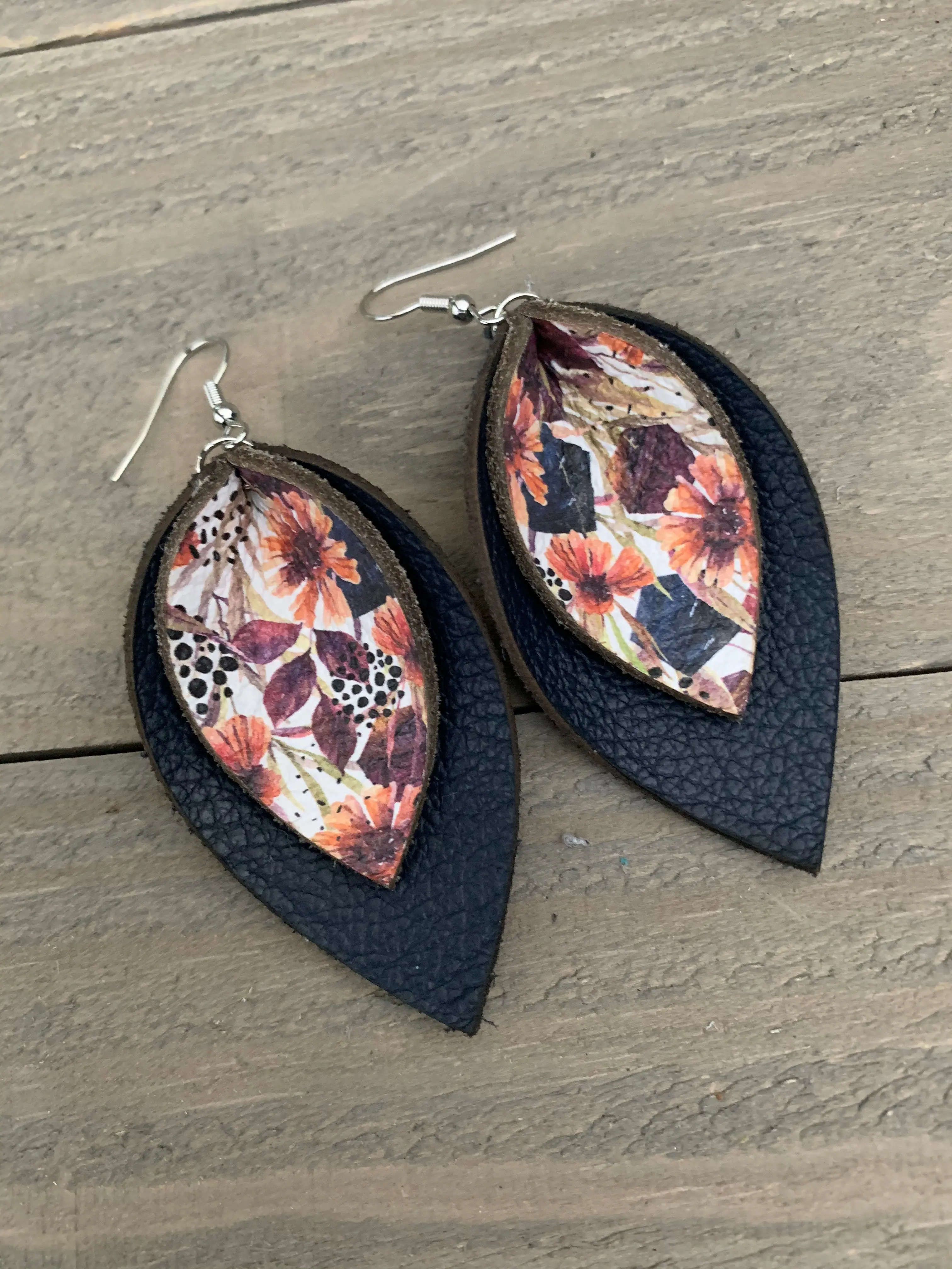 Navy Floral Fall leather earrings