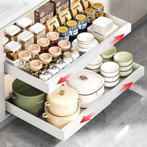 Seashark Industrial Carbon Steel Pull-Out Shelf Organizer - Rust-Proof, Corrosion-Resistant Coating, Scratch-Resistant Deep Sliding Drawer, Adjustable Size Square Shape Space Saver for Kitchen Organization, Compatible with Adhesive Shelf Organizers