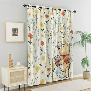 Cute Honey Bear & Wildflower Print Curtains, Yellow Floral Themed Window Curtains for Kids Bedroom Living Room, Sweet Honey Pot & Bee Accents, Perfect Gift for Bear Lovers, Ideal Gift for Little Ones,