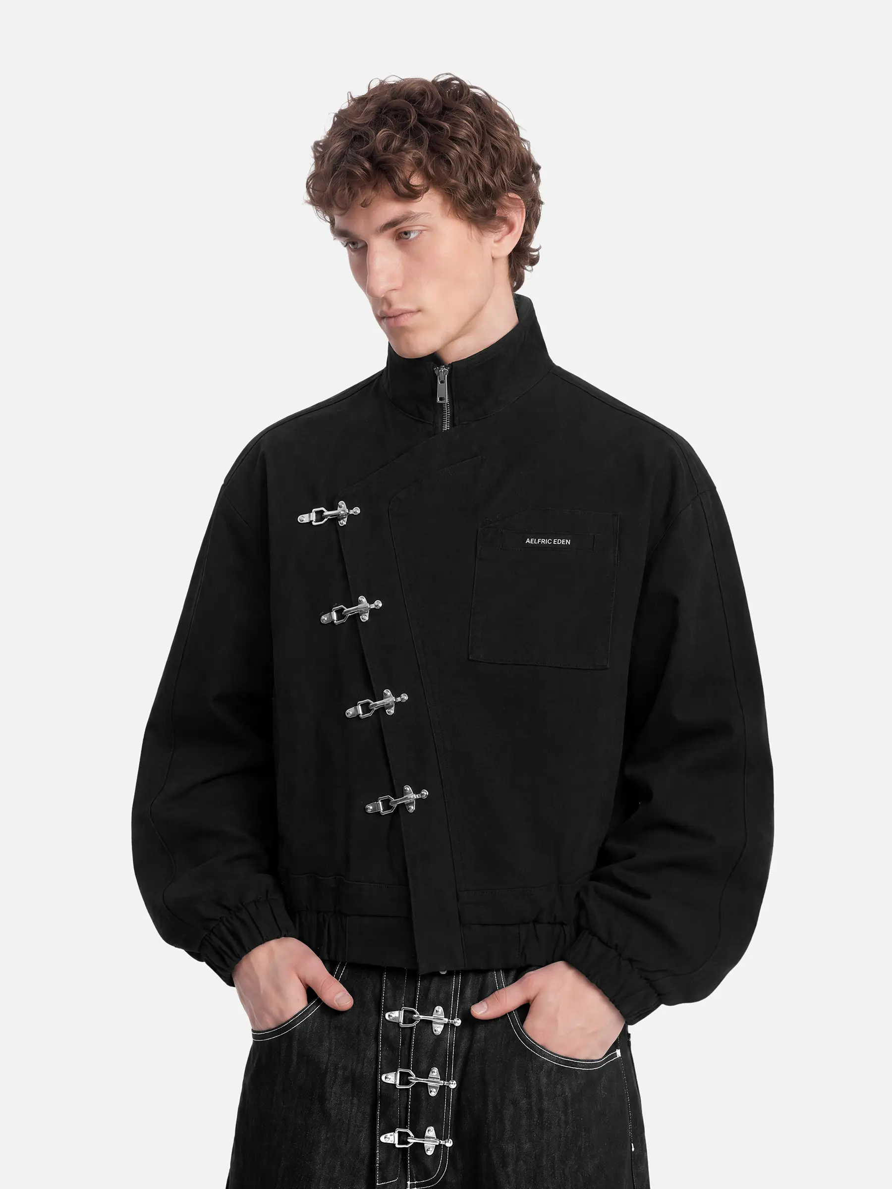 Aelfric Eden Boxy Jacket Long Sleeve Stand Collar Metal Button Slant Placket Retro Y2K Unisex Streetwear Casual Jacket,clothes for back to school,first day of school outfits