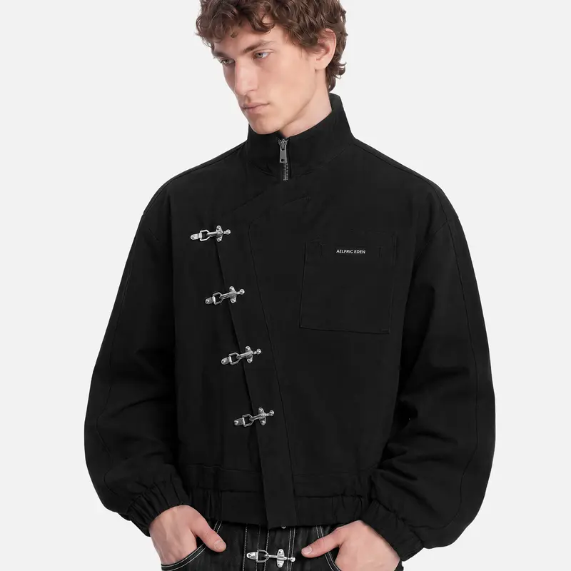 Aelfric Eden Menswear Unisex Cotton Boxy Jacket-Coats, Longsleeves, Stand Collar, Metal Buttons, Slant Placket, Embroidery, Plain Retro Y2K Vintage Streetwear for Party, Back to School First Day Outfits