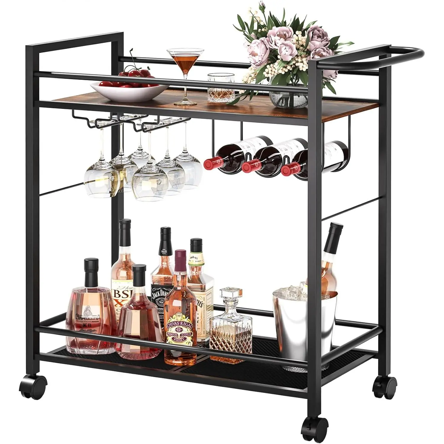 Bar Cart,Home Bar Serving Cart with Storage Shelves, 2 Tier Rolling Beverage Cart with Wheels, Modern  Cart with  Rack and Glass Holder for Kitchen, Living Room,Dinning Room,Brown