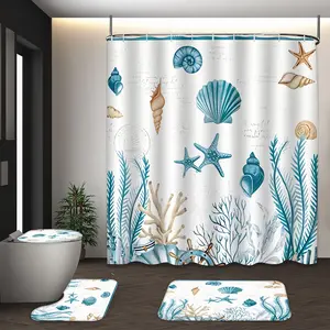 LVRLVR 4Pcs Nautical Seashell Starfish Coral Print Coastal Themed Multi-Color Shower Curtain Set 70.8×70.8 Inch