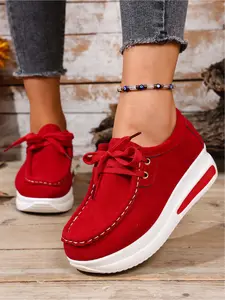 Women's Platform Wedge Loafers, Suede Lace-Up Casual Shoes, Thick Sole Comfortable Daily Footwear, Black/Brown/Red/Yellow Available