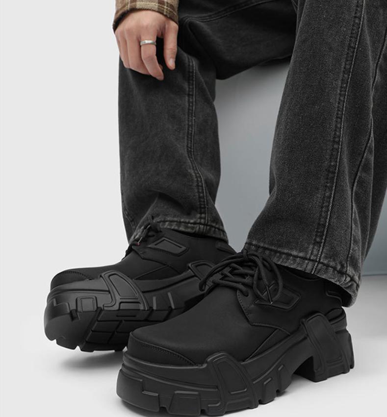 Chunky Derby Shoes Men's All-Black｜Mecha Design Matte Leather Dark Streetwear Outfits