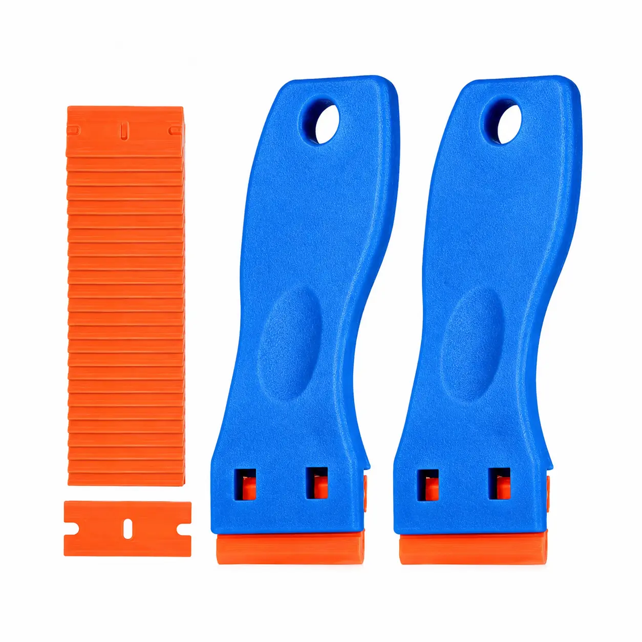 Plastic Razor Scraper Tool Set for DIY Users - 2 Curved Grip Blue Handles, 100 Blade Swap Replacement Blades, Multi-Purpose Remover for Stickers, Glue Residue on Auto/Window Glass Surfaces