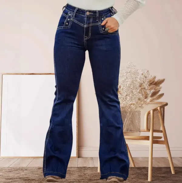 Women’s Cotton Fitted Dark Wash High-Waisted Bootcut Jeans - Basic Everyday Stretch Denim Pants with Contrast Stitching, 1-Piece Bottoms, Casual