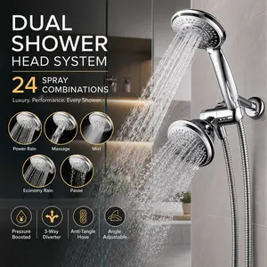 2-in-1 Dual Shower Head Combo, Handheld Showerhead & Rain Shower Combo Modern Style, High Pressure Dual Shower Head System with 24 Spray Options, Setting Handheld, Stainless Steel Hose and 3-Way Diverter for Home Bathroom, Apartment and Daily Upgrade