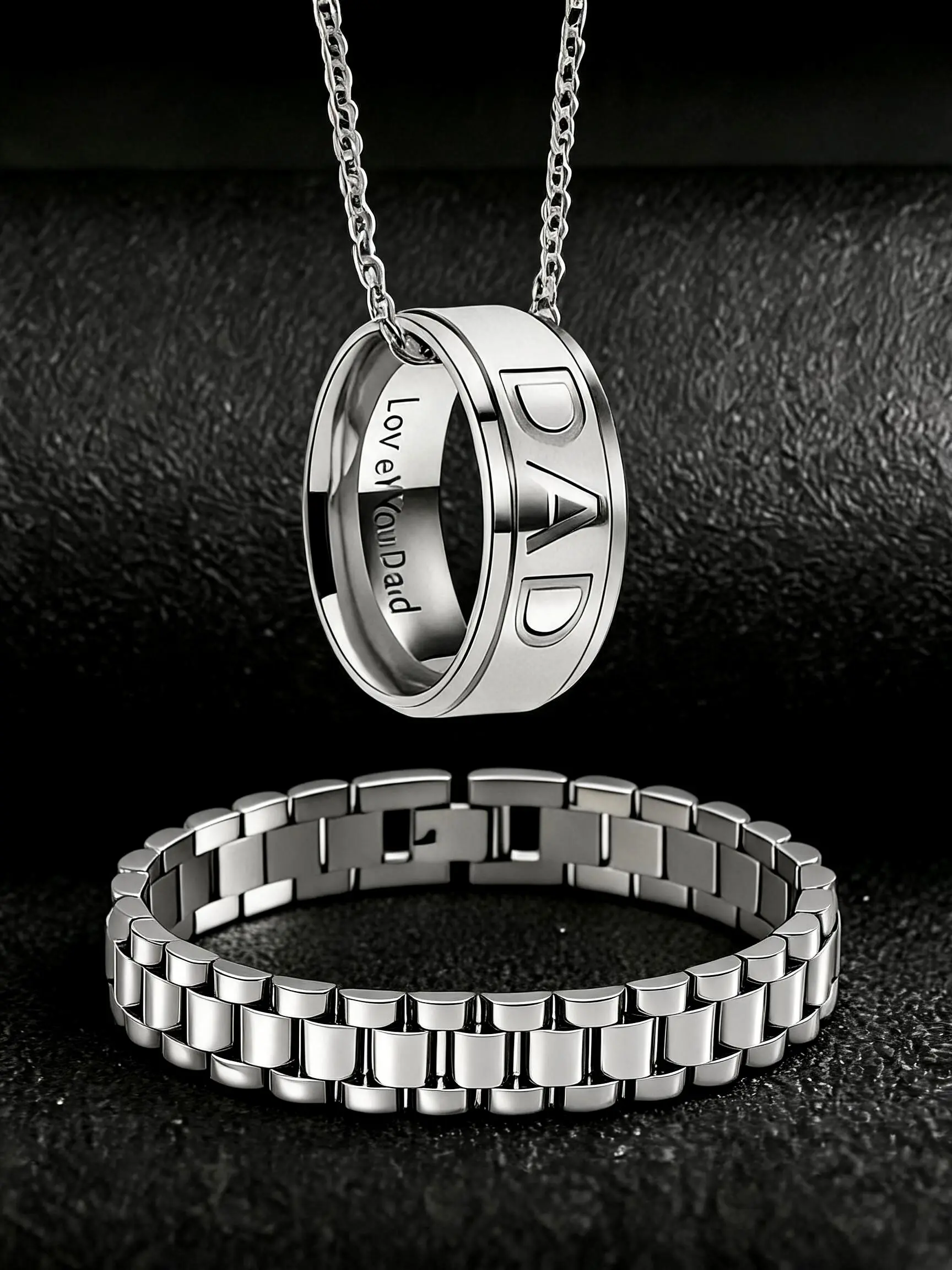 Father's Day Gift Set, Retro Dad Engraved Ring Necklace, Stainless Steel Bracelet, Unisex Jewelry, Silver Color Option, Jewelry Sets