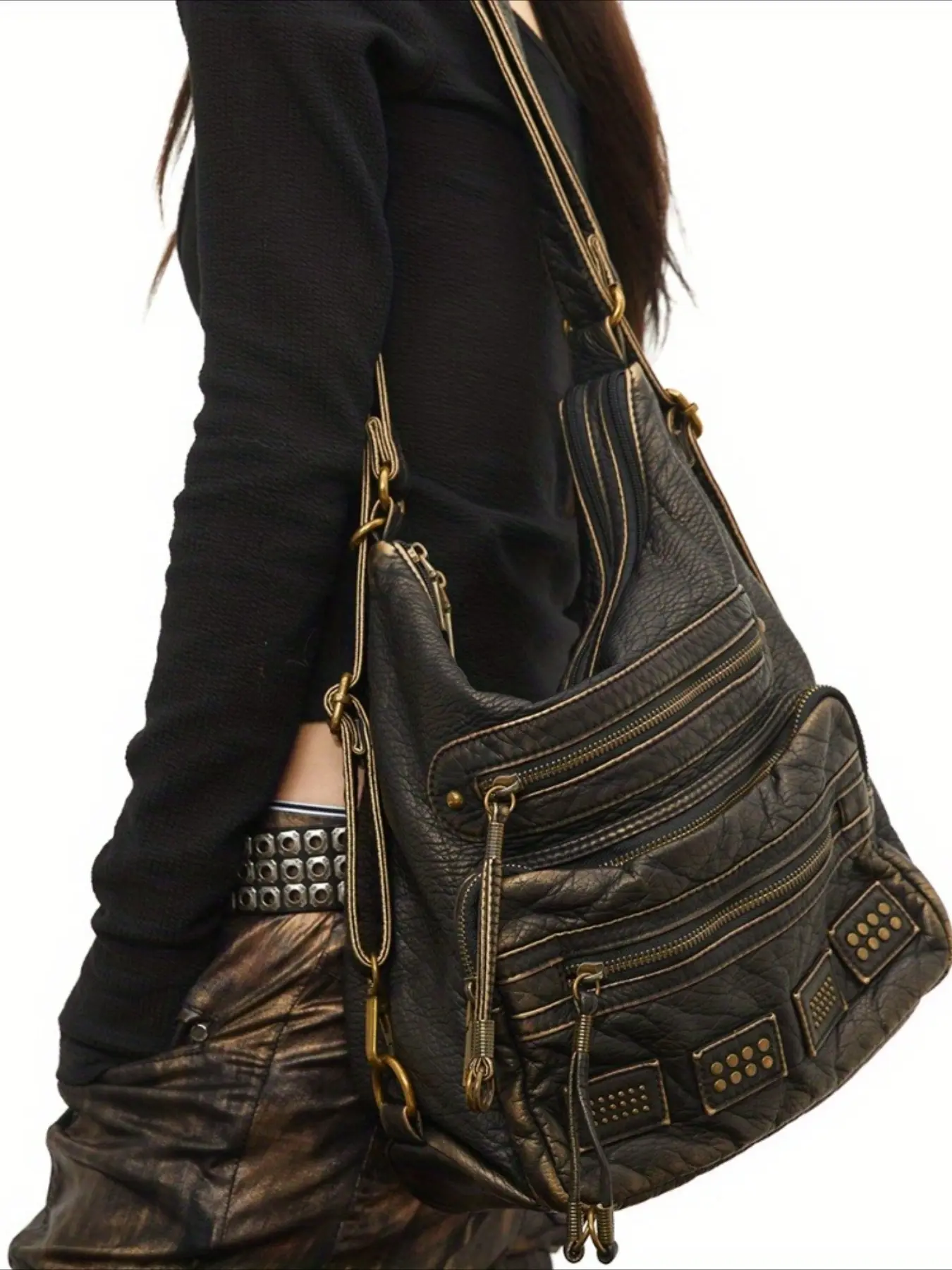 Retro style women's fashionable shoulder bag, multi pocket crossbody bag, Quilted Bag - large capacity, multifunctional shoulder bag, adjustable shoulder strap, zipper closure, solid color, synthetic leather - very suitable for daily use