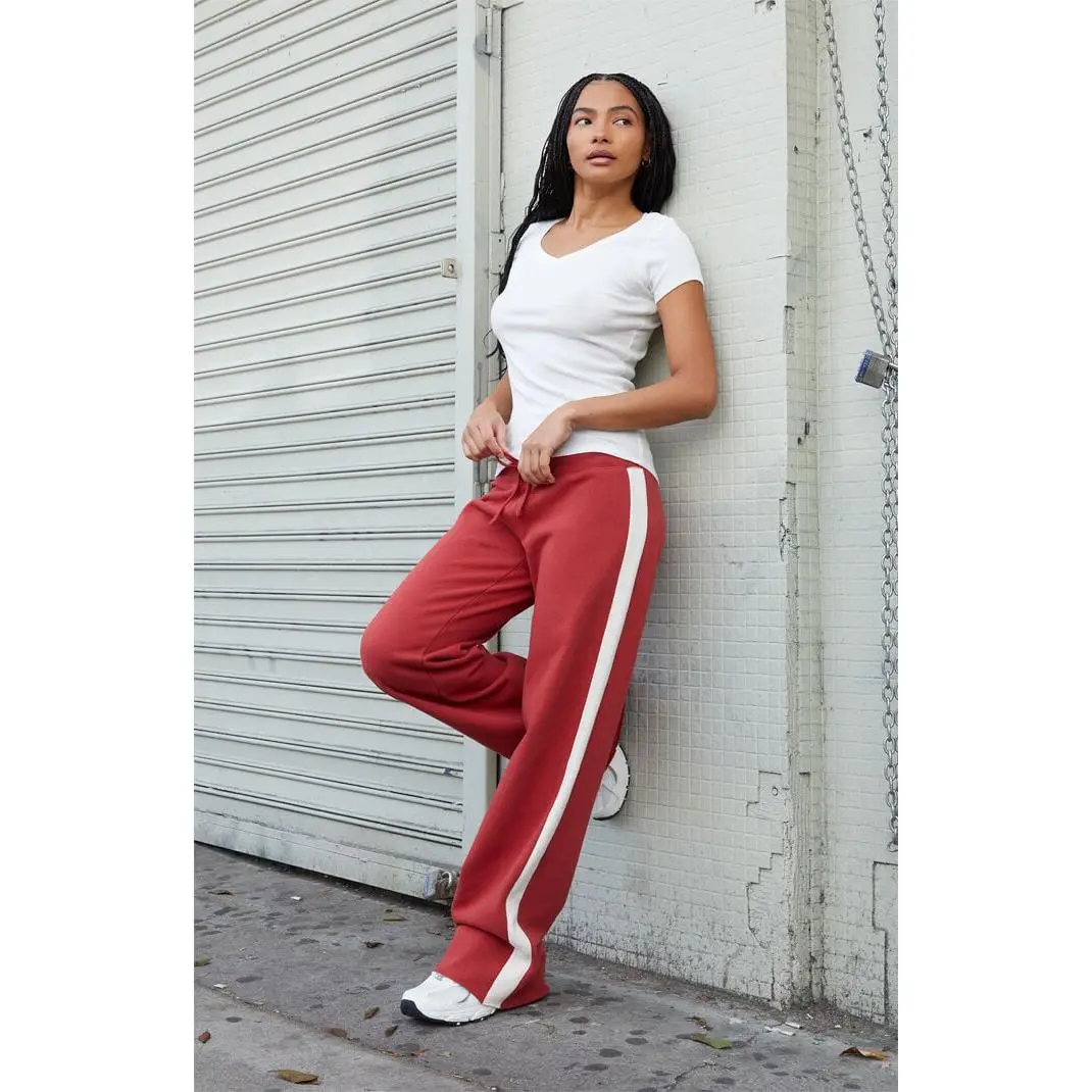 John Galt Women's Red Hilary Side Stripe Soft Yoga Baggy Sweatpants