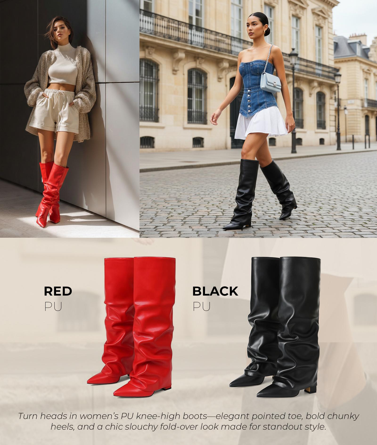 CYNLLIO Knee High Boots for Women Elegant Pointed Toe Chunky Block Heel Fold Over Slouchy Boot Pull On Trendy Fashionable Tall Shark Boot Spring Shoes for Women