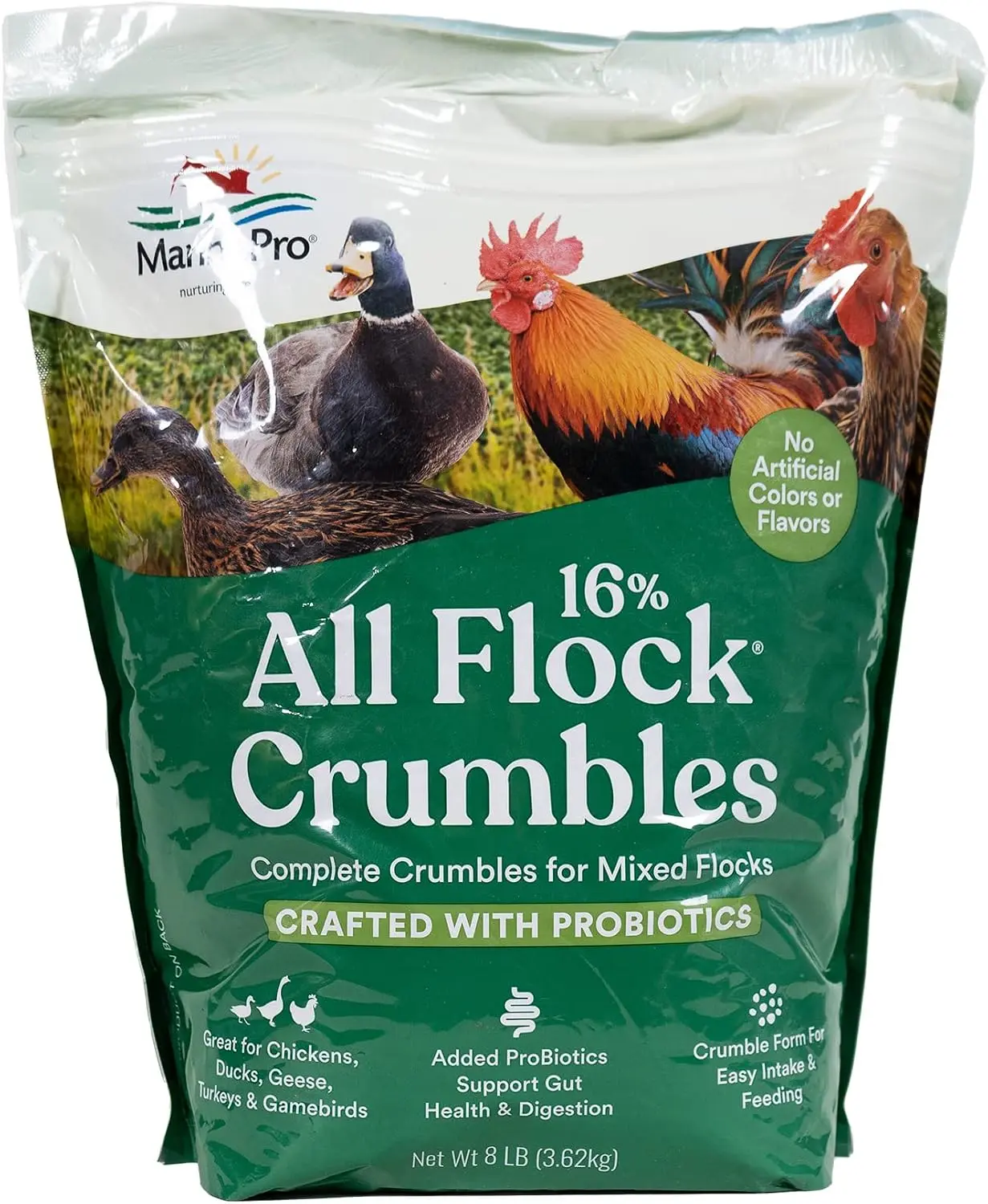 Manna Pro All Flock Crumbles with Probiotics, Chicken & Duck Food, 8 lb Bag | Complete Feed for Mixed Flocks, 16% Protein, Chicken & Duck Feed, Added Probiotics for Digestion, Easy-to-Eat Crumbles