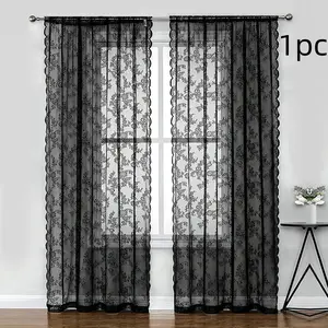 1pc Luxury Lace Sheer Curtain, Wave Trim, Living Room Bedroom Floor-To-Ceiling Window Drapes, Elegant Atmosphere Curtains