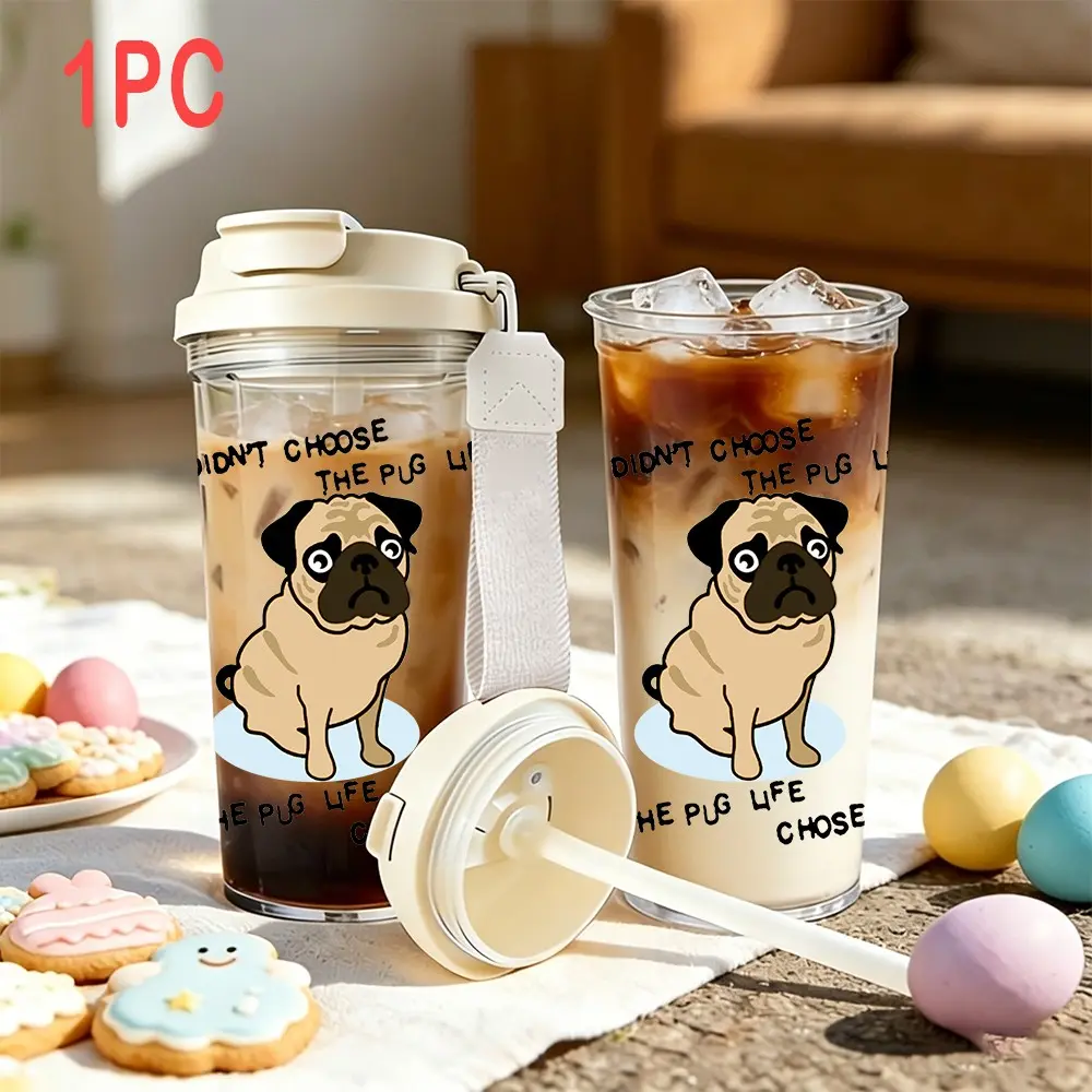 Funny Pug Print Coffee Cup 500ML, Large Capacity Portable Plastic Cup, Leak-Proof Travel Mug Tumbler with Handle, Lid, Ideal Gift for All Occasions