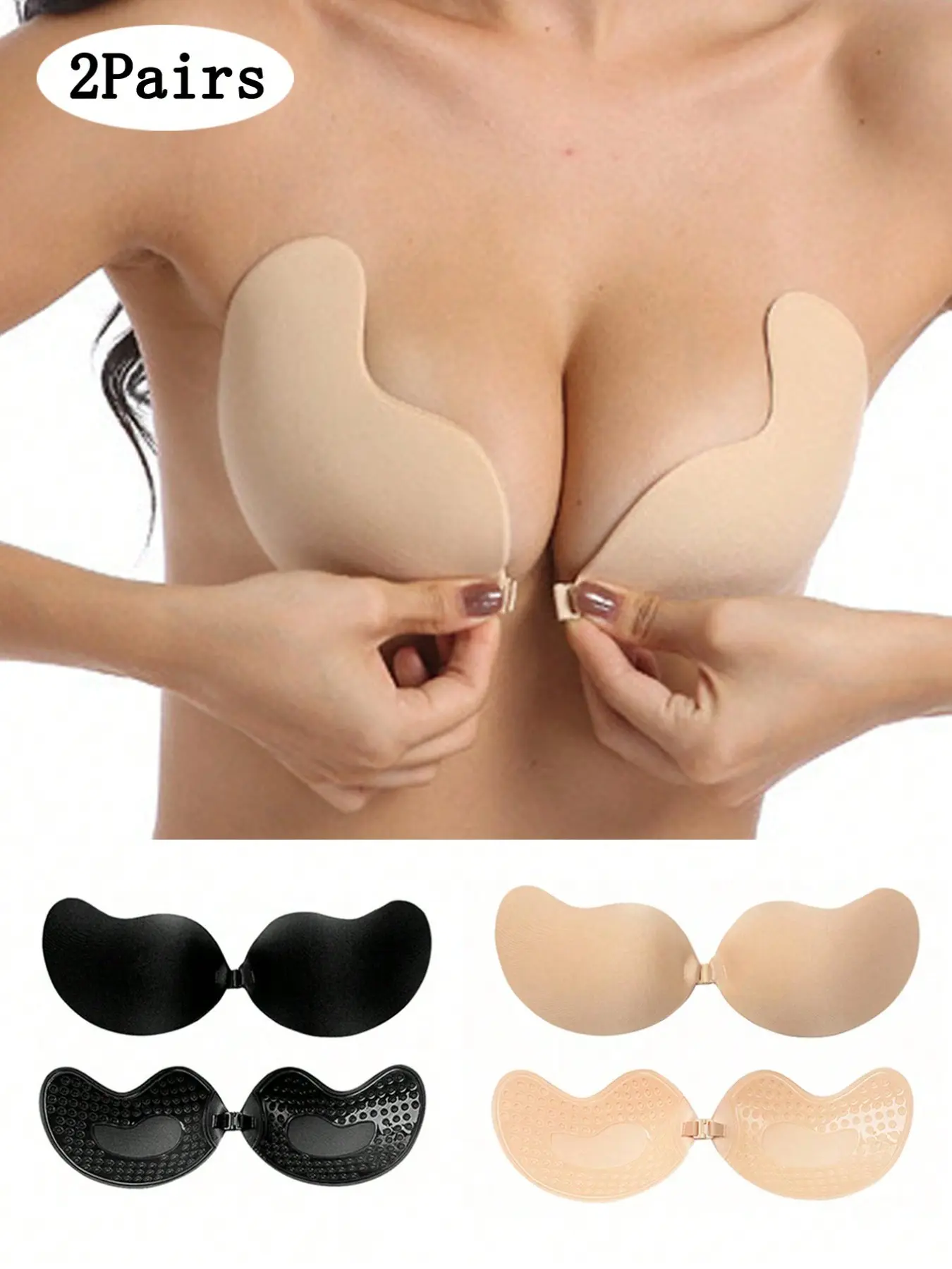2 Pairs Women's Underwear Invisible Self-Adhesive Strapless Push-Up Medium Bra Pads, Reusable Front Clasp, No Backless Bras, Ideal for Bridal Wedding Dresses