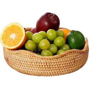 Rattan Woven Fruit Basket, Natural Round Bread Basket, Decorative Fruit Bowl for Kitchen Counter, Kitchen Storage Baskets for Vegetables, Eggs,Snacks