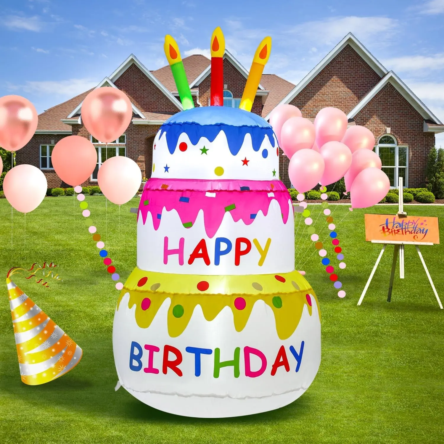 4FT Birthday Cake Party Outdoor Inflatable Decoration with LED Lights, Suitable for Gardens, Patios and Lawns