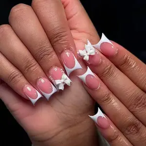 24 Pieces Duckbill Nail Tips with 3D Bow Design, Elegant Sweet Style, Includes Jelly Gel and File, Reusable, Stick On Nails